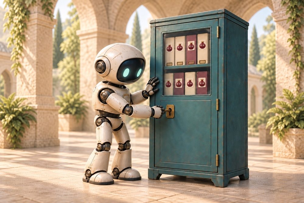 A robot closing an archive cabinet of personal files